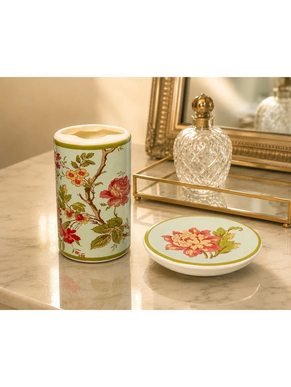 Vintage 1970s Chinoiserie Floral Ceramic Toothbrush Holder & Soap Dish Set